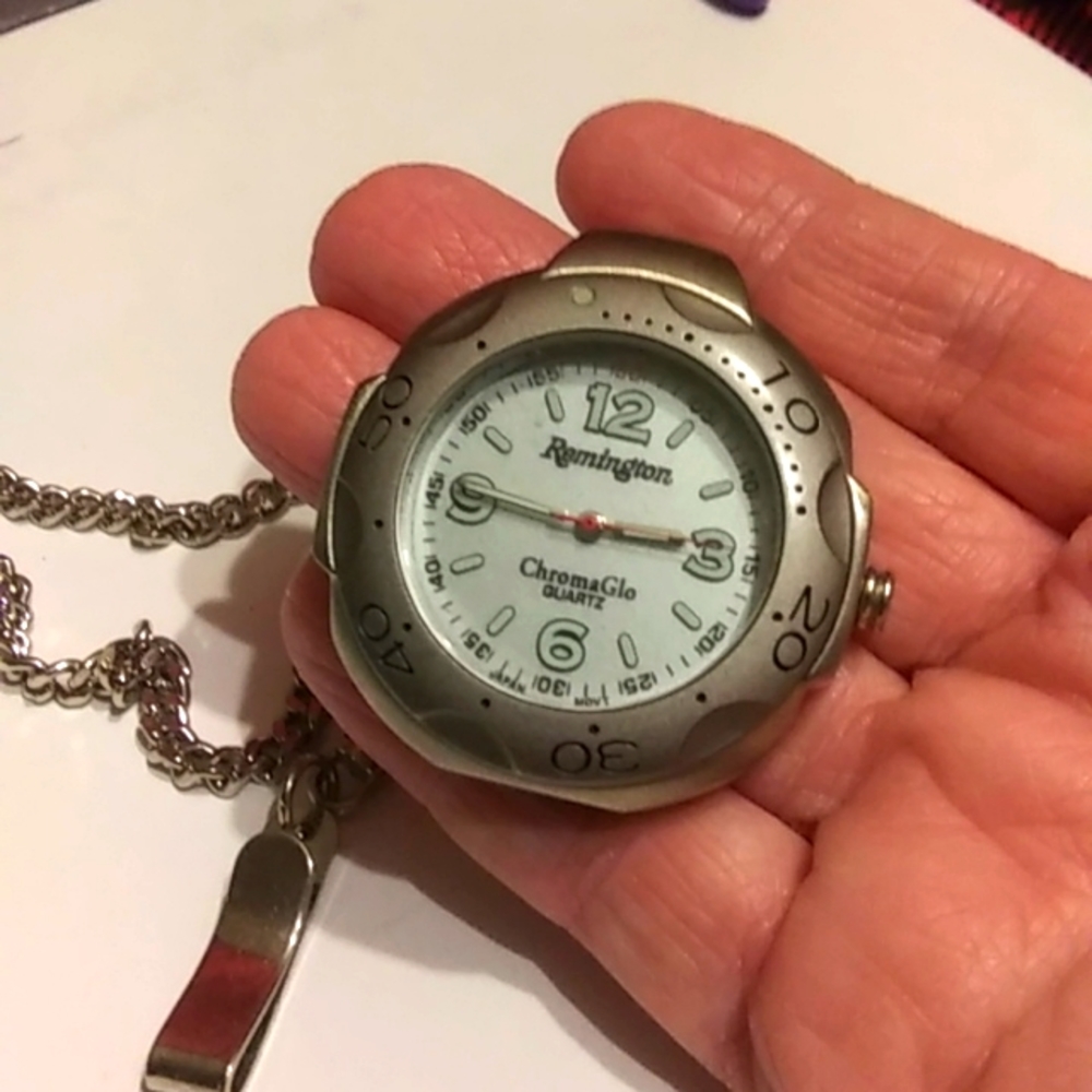 Remington Chroma Glo Pocket Watch With Chain Silver T… Gem